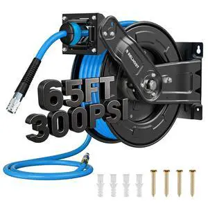 Retractable Air Hose Reel, 65ft x 3/8in Hybrid Air Hose (300PSI), Heavy Duty Compressor Hose Reel, Auto Rewind - Wall/Ceiling Mount for Workshops Retractable Air Hose Reel, 65ft x 3/8in Hybrid Air Hose (300PSI), Heavy Duty Compressor Hose Reel, Auto Rewind - Wall/Ceiling Mount for Workshops