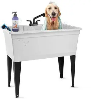 Tehila Freestanding Double-Wide Utility Sink with Steel Legs & Black Pull-Out Faucet, Multi-Purpose Heavy-Duty Laundry Tub and Kitchen Sink for Homes & Business, White Tehila Freestanding Double-Wide Utility Sink with Steel Legs & Black Pull-Out Faucet, Multi-Purpose Heavy-Duty Laundry Tub and Kitchen Sink for Homes & Business, White