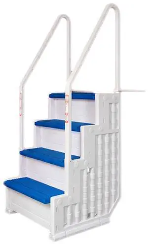 Premium Pool Step Ladder for Above Ground Pools - White Deck Mounted Ladder w/Blue Treads and Double Handrails - for 48 to 54 in. Above Ground Pools Premium Pool Step Ladder for Above Ground Pools - White Deck Mounted Ladder w/Blue Treads and Double Handrails - for 48 to 54 in. Above Ground Pools