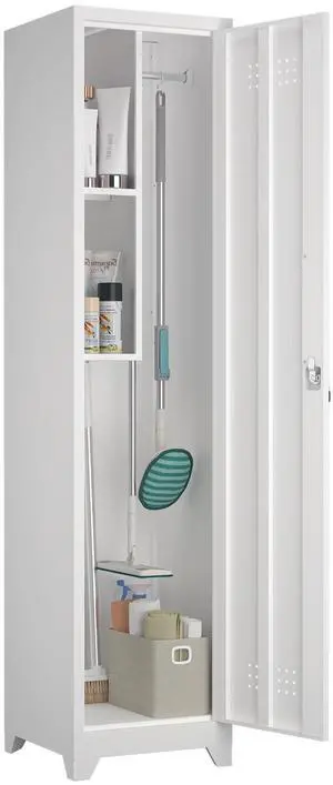 Slim Broom Storage Cabinets, Metal Cabinet with Shelves and Hanging Rod, 15.75" W Utility Storage Cabinet with Locking Door, Slim Cabinet for Small Spaces, Kitchen, Pantry, Office, Shop Slim Broom Storage Cabinets, Metal Cabinet with Shelves and Hanging Rod, 15.75" W Utility Storage Cabinet with Locking Door, Slim Cabinet for Small Spaces, Kitchen, Pantry, Office, Shop