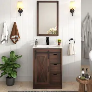 24 Inch Bathroom Vanity with Sink & Faucet & Mirror, Farmhouse Bathroom Vanity Cabinet Set with Sliding Barn Door & Drawers, Small Single Bath Storage Vanity Sink, Brown 24 Inch Bathroom Vanity with Sink & Faucet & Mirror, Farmhouse Bathroom Vanity Cabinet Set with Sliding Barn Door & Drawers, Small Single Bath Storage Vanity Sink, Brown