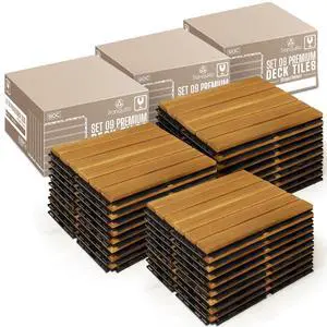 Interlocking Deck Tiles 12x12, Acacia Wood Patio Tiles, Waterproof Flooring Tiles for Indoor and Outdoor Non-Slip, Easy Installation (Golden - Striped Pattern, 27 Pcs - 27 Square Ft) Interlocking Deck Tiles 12x12, Acacia Wood Patio Tiles, Waterproof Flooring Tiles for Indoor and Outdoor Non-Slip, Easy Installation (Golden - Striped Pattern, 27 Pcs - 27 Square Ft)