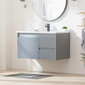 Floating Bathroom Vanity with Sink, 32 Inch Wall Mounted Bathroom Vanity with 2 Drawers and Wave-Carved Design Door, Modern Wooden Cabinet with Ceramic Sink and Storage, Grey Floating Bathroom Vanity with Sink, 32 Inch Wall Mounted Bathroom Vanity with 2 Drawers and Wave-Carved Design Door, Modern Wooden Cabinet with Ceramic Sink and Storage, Grey