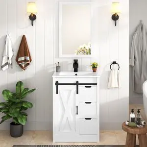 24 Inch Bathroom Vanity with Sink & Faucet & Mirror, Farmhouse Bathroom Vanity Cabinet Set with Sliding Barn Door & Drawers, Small Single Bath Storage Vanity Sink, White 24 Inch Bathroom Vanity with Sink & Faucet & Mirror, Farmhouse Bathroom Vanity Cabinet Set with Sliding Barn Door & Drawers, Small Single Bath Storage Vanity Sink, White