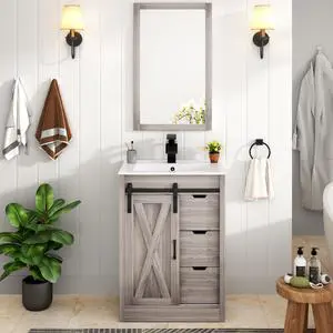 24 Inch Bathroom Vanity with Sink & Faucet & Mirror, Farmhouse Bathroom Vanity Cabinet Set with Sliding Barn Door & Drawers, Small Single Bath Storage Vanity Sink, Grey 24 Inch Bathroom Vanity with Sink & Faucet & Mirror, Farmhouse Bathroom Vanity Cabinet Set with Sliding Barn Door & Drawers, Small Single Bath Storage Vanity Sink, Grey