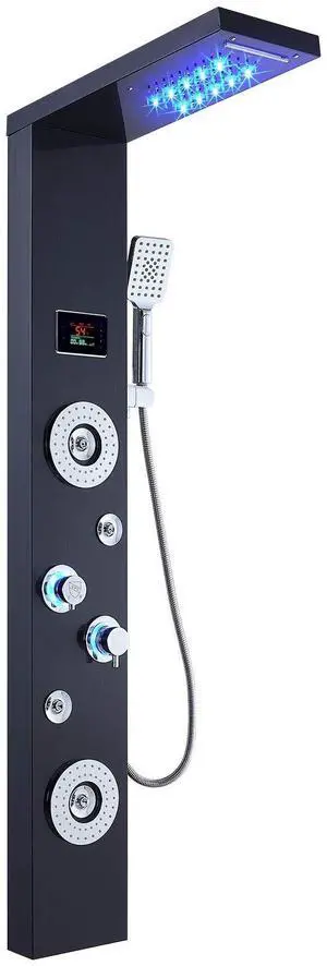 LED Rainfall Waterfall Shower Head Rain Massage System with Body Jets Stainless Steel Bathroom Shower Panel Tower System, Brushed Black LED Rainfall Waterfall Shower Head Rain Massage System with Body Jets Stainless Steel Bathroom Shower Panel Tower System, Brushed Black