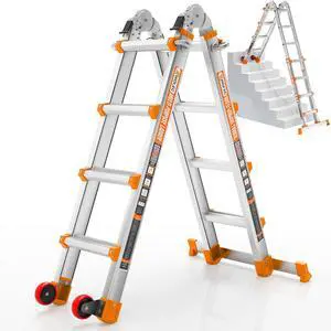 14 FT Multi-Position Extension Ladder with Wheels, Orange | 5-in-1 modes, aluminum alloy frame, locking hinges, stabilizer bar, compact fold for stairs, walls and garage work 14 FT Multi-Position Extension Ladder with Wheels, Orange | 5-in-1 modes, aluminum alloy frame, locking hinges, stabilizer bar, compact fold for stairs, walls and garage work