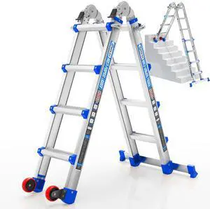 14 FT Multi-Position Extension Ladder with Wheels, Blue | 5-in-1 modes, aluminum alloy frame, locking hinges, stabilizer bar, compact fold for stairs, walls and garage work 14 FT Multi-Position Extension Ladder with Wheels, Blue | 5-in-1 modes, aluminum alloy frame, locking hinges, stabilizer bar, compact fold for stairs, walls and garage work