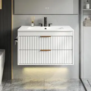 30 Inch Floating Bathroom Vanity with Sink & Towel Holder, Fluted Wall Mounted Vanity Cabinet, Modern Bathroom Combo with LED Light, Metal Handle & Double Soft-Closing Drawers, White 30 Inch Floating Bathroom Vanity with Sink & Towel Holder, Fluted Wall Mounted Vanity Cabinet, Modern Bathroom Combo with LED Light, Metal Handle & Double Soft-Closing Drawers, White