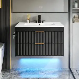 30 Inch Floating Bathroom Vanity with Sink & Towel Holder, Fluted Wall Mounted Vanity Cabinet, Modern Bathroom Combo with LED Light, Metal Handle & Double Soft-Closing Drawers, Black 30 Inch Floating Bathroom Vanity with Sink & Towel Holder, Fluted Wall Mounted Vanity Cabinet, Modern Bathroom Combo with LED Light, Metal Handle & Double Soft-Closing Drawers, Black