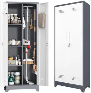 Metal Storage Cabinet with Lockable Doors, 65" Steel Utility Cabinet for Garage & Home Office, Tall Broom Closet with Adjustable Shelves, Vents & Cable Hole for Tools, White/Grey Metal Storage Cabinet with Lockable Doors, 65" Steel Utility Cabinet for Garage & Home Office, Tall Broom Closet with Adjustable Shelves, Vents & Cable Hole for Tools, White/Grey