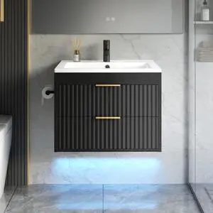 24 Inch Floating Bathroom Vanity with Sink & Towel Holder, Fluted Wall Mounted Vanity Cabinet for Small Bathroom, Modern Combo with LED Light, Metal Handle & Soft-Closing Drawers, Black 24 Inch Floating Bathroom Vanity with Sink & Towel Holder, Fluted Wall Mounted Vanity Cabinet for Small Bathroom, Modern Combo with LED Light, Metal Handle & Soft-Closing Drawers, Black