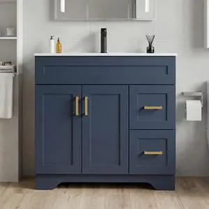 36 Inch Bathroom Vanity with Sink, Modern Wood Shaker Bathroom Vanity Cabinet with 2 Soft-Close Doors & 2 Drawers, Freestanding Bathroom Sink Storage Cabinet, Waterproof Painted Surface, Navy Blue 36 Inch Bathroom Vanity with Sink, Modern Wood Shaker Bathroom Vanity Cabinet with 2 Soft-Close Doors & 2 Drawers, Freestanding Bathroom Sink Storage Cabinet, Waterproof Painted Surface, Navy Blue