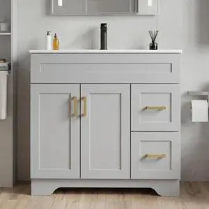 36 Inch Bathroom Vanity with Sink, Modern Wood Shaker Bathroom Vanity Cabinet with 2 Soft-Close Doors & 2 Drawers, Freestanding Bathroom Sink Storage Cabinet, Waterproof Painted Surface, Grey 36 Inch Bathroom Vanity with Sink, Modern Wood Shaker Bathroom Vanity Cabinet with 2 Soft-Close Doors & 2 Drawers, Freestanding Bathroom Sink Storage Cabinet, Waterproof Painted Surface, Grey