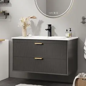30 Inch Bathroom Vanity with Sink, Wood Grain Wall Mounted Vanity with 2 Storage Darwers, Floating Bathroom Vanity with Storage, Bathroom Floating Vanity with Sink, Faucet, Black 30 Inch Bathroom Vanity with Sink, Wood Grain Wall Mounted Vanity with 2 Storage Darwers, Floating Bathroom Vanity with Storage, Bathroom Floating Vanity with Sink, Faucet, Black