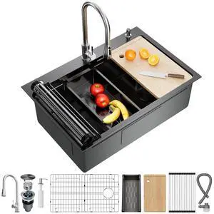 33X22 Drop In Kitchen Sink, Nano 304 Stainless Steel Workstation Sink, Pop-Up Drain, Upgraded Fast Drain & Anti-Clog, Topmount Single Bowl with Accessories, Foldable Grid, black sink 33X22 Drop In Kitchen Sink, Nano 304 Stainless Steel Workstation Sink, Pop-Up Drain, Upgraded Fast Drain & Anti-Clog, Topmount Single Bowl with Accessories, Foldable Grid, black sink