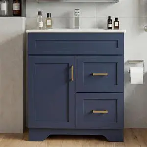 30 Inch Bathroom Vanity with Sink, Modern Shaker Bathroom Sink Cabinet with Soft-Close Door & 2 Drawers, Wood Freestanding Bathroom Storage Cabinet with Ceramic Basin, Navy Blue 30 Inch Bathroom Vanity with Sink, Modern Shaker Bathroom Sink Cabinet with Soft-Close Door & 2 Drawers, Wood Freestanding Bathroom Storage Cabinet with Ceramic Basin, Navy Blue