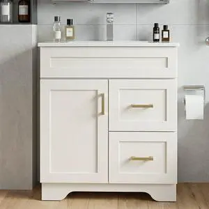 30 Inch Bathroom Vanity with Sink, Modern Shaker Bathroom Sink Cabinet with Soft-Close Door & 2 Drawers, Wood Freestanding Bathroom Storage Cabinet with Ceramic Basin, White 30 Inch Bathroom Vanity with Sink, Modern Shaker Bathroom Sink Cabinet with Soft-Close Door & 2 Drawers, Wood Freestanding Bathroom Storage Cabinet with Ceramic Basin, White
