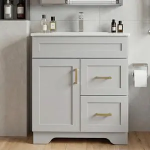 30 Inch Bathroom Vanity with Sink, Modern Shaker Bathroom Sink Cabinet with Soft-Close Door & 2 Drawers, Wood Freestanding Bathroom Storage Cabinet with Ceramic Basin, Grey 30 Inch Bathroom Vanity with Sink, Modern Shaker Bathroom Sink Cabinet with Soft-Close Door & 2 Drawers, Wood Freestanding Bathroom Storage Cabinet with Ceramic Basin, Grey