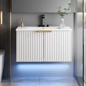 Bathroom Vanity with Sink, 30" Wall Mounted Floating Vanity Cabinet, Modern Bathroom Sinks with LED Light, Metal Handle & Double Soft-Close Doors, White Bathroom Vanity with Sink, 30" Wall Mounted Floating Vanity Cabinet, Modern Bathroom Sinks with LED Light, Metal Handle & Double Soft-Close Doors, White