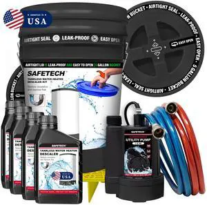 Tankless Water Heater Flushing Kit with 5-Gallon Screw-Top Lid, Premium Hoses, 1/6 HP Utility Pump, 4 Quarts Descaler, and Pump Grate Tankless Water Heater Flushing Kit with 5-Gallon Screw-Top Lid, Premium Hoses, 1/6 HP Utility Pump, 4 Quarts Descaler, and Pump Grate