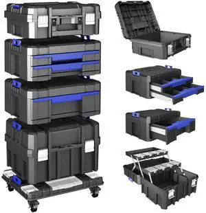 4 Tier Stackable Rolling Tool Box with Wheels | Modular Tool Organizer Box Storage System | Portable Tool Box with Drawers | Tough and Durable | for Garage Storage | Home Repairs | Professional Work 4 Tier Stackable Rolling Tool Box with Wheels | Modular Tool Organizer Box Storage System | Portable Tool Box with Drawers | Tough and Durable | for Garage Storage | Home Repairs | Professional Work