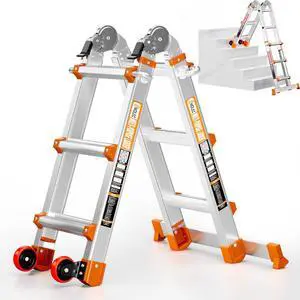 11 FT Multi-Position Telescoping Ladder with Wheels, Orange | 5-in-1 modes, aluminum alloy frame, locking hinges, anti-slip feet, compact fold for indoor DIY and storage 11 FT Multi-Position Telescoping Ladder with Wheels, Orange | 5-in-1 modes, aluminum alloy frame, locking hinges, anti-slip feet, compact fold for indoor DIY and storage