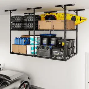 4x8 2-Tier Garage Ceiling Storage Rack, Adjustable Overhead Garage Storage System, Heavy Duty Metal Shelving, 1000 lbs Capacity, Ideal for 915 ft High Ceilings, Black 4x8 2-Tier Garage Ceiling Storage Rack, Adjustable Overhead Garage Storage System, Heavy Duty Metal Shelving, 1000 lbs Capacity, Ideal for 915 ft High Ceilings, Black