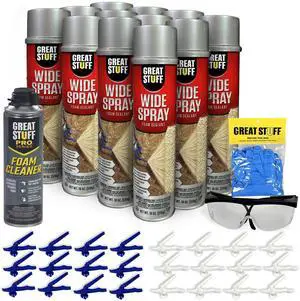 Wide Spray Foam Insulation Kit Closed Cell Polyurethane Expanding Sealant for Indoor & Outdoor Use 12 Pack, 18 oz Cans with Nozzles, Gloves, Safety Glasses Wide Spray Foam Insulation Kit Closed Cell Polyurethane Expanding Sealant for Indoor & Outdoor Use 12 Pack, 18 oz Cans with Nozzles, Gloves, Safety Glasses