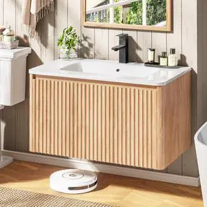 30 Inch Fluted Bathroom Vanity with Ceramic Sink Combo, Floating Modern Bathroom Vanity Cabinet with Soft-Closing Doors, Wall Mounted Wood Grain Vanity with Storage Cabinet, Oak 30 Inch Fluted Bathroom Vanity with Ceramic Sink Combo, Floating Modern Bathroom Vanity Cabinet with Soft-Closing Doors, Wall Mounted Wood Grain Vanity with Storage Cabinet, Oak