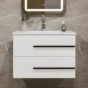 30 Inch Floating Bathroom Vanity with Sink - White Modern Wall Mounted Vanity with Sink, Soft-Close Two Drawers, Black Handles & Smooth Motion Glides (White, 30") 30 Inch Floating Bathroom Vanity with Sink - White Modern Wall Mounted Vanity with Sink, Soft-Close Two Drawers, Black Handles & Smooth Motion Glides (White, 30")