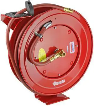 83753 Value Series Air/Water Retractable Hose Reel with 50' x 3/8" Rubber Air Hose, 1/4" NPT, 300 PSI, Slotted Mounting Base, 5-Position Adjustable Outlet Arm, All-Steel Construction, Red 83753 Value Series Air/Water Retractable Hose Reel with 50' x 3/8" Rubber Air Hose, 1/4" NPT, 300 PSI, Slotted Mounting Base, 5-Position Adjustable Outlet Arm, All-Steel Construction, Red
