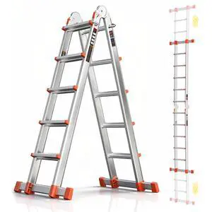 Telescoping Ladder, A Frame Ladder, Multi Position with Stabilizer Bar, 330 lbs Security Load Ladder for Stairs Household or Outdoor Roof, 17 Ft, Orange Telescoping Ladder, A Frame Ladder, Multi Position with Stabilizer Bar, 330 lbs Security Load Ladder for Stairs Household or Outdoor Roof, 17 Ft, Orange