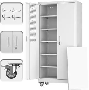 Upgrade 71H''*32''W*16''D Metal Garage Storage Cabinet with Wheels and Pegboards, 5 Adjustable Shelves Steel Storage Cabinets for Home,Warehouse,Garage,Assembly Required,White Upgrade 71H''*32''W*16''D Metal Garage Storage Cabinet with Wheels and Pegboards, 5 Adjustable Shelves Steel Storage Cabinets for Home,Warehouse,Garage,Assembly Required,White