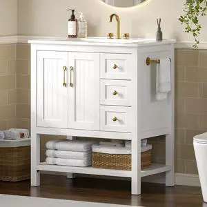 30'' Bathroom Vanity with Sink & Towel Holder, Modern Bathroom Sink Cabinet with 3 Drawers, Open Compartment & Adjustable Shelf, Wood Freestanding Bathroom Cabinet with Ceramic Sink, White 30'' Bathroom Vanity with Sink & Towel Holder, Modern Bathroom Sink Cabinet with 3 Drawers, Open Compartment & Adjustable Shelf, Wood Freestanding Bathroom Cabinet with Ceramic Sink, White