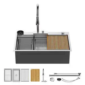 33 Inch Waterfall Kitchen Sink with Faucet, 33x22 Drop In Workstation Sink 18 Gauge Single Bowl Smart Basin with Cup Washer, Cutting Board & All Accessories, Right Drain, Stainless Steel 33 Inch Waterfall Kitchen Sink with Faucet, 33x22 Drop In Workstation Sink 18 Gauge Single Bowl Smart Basin with Cup Washer, Cutting Board & All Accessories, Right Drain, Stainless Steel