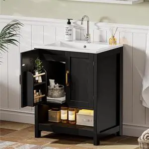 24 Inch Bathroom Vanity with Sink, Small Modern Bathroom Cabinet with LED Light, Bathroom Vanity Set, Double Soft Closing Cabinet Door with Organizer, Black 24 Inch Bathroom Vanity with Sink, Small Modern Bathroom Cabinet with LED Light, Bathroom Vanity Set, Double Soft Closing Cabinet Door with Organizer, Black