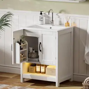 24 Inch Bathroom Vanity with Sink, Modern Bathroom Cabinet with LED Light, Bathroom Vanity Set, Double Soft Closing Cabinet Door with Organizer, White 24 Inch Bathroom Vanity with Sink, Modern Bathroom Cabinet with LED Light, Bathroom Vanity Set, Double Soft Closing Cabinet Door with Organizer, White