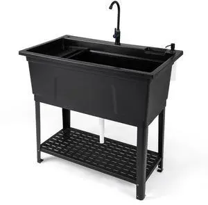 Freestanding Utility Sink with Faucet & Drain Kit, 31 Gal Extra Large Laundry Tub with Bottom Storage Shelf, Soap Dispenser & Drying Rack, Garage Utility Wash Sink for Laundry Room, Basement Freestanding Utility Sink with Faucet & Drain Kit, 31 Gal Extra Large Laundry Tub with Bottom Storage Shelf, Soap Dispenser & Drying Rack, Garage Utility Wash Sink for Laundry Room, Basement