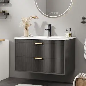 24 Inch Bathroom Vanity with Sink, Wood Grain Wall Mounted Vanity with 2 Storage Darwers, Floating Bathroom Vanity with Storage, Bathroom Floating Vanity with Sink, Black 24 Inch Bathroom Vanity with Sink, Wood Grain Wall Mounted Vanity with 2 Storage Darwers, Floating Bathroom Vanity with Storage, Bathroom Floating Vanity with Sink, Black