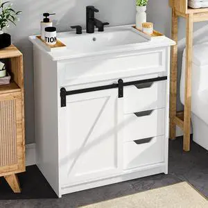 30" Bathroom Vanity with Sink, Farmhouse Bathroom Cabinet, Bathroom Vanity Set with Sliding Barn Door & Drawers, Freestanding Bathroom Vanities, White 30" Bathroom Vanity with Sink, Farmhouse Bathroom Cabinet, Bathroom Vanity Set with Sliding Barn Door & Drawers, Freestanding Bathroom Vanities, White