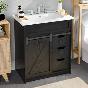 30" Bathroom Vanity with Sink Combo, Farmhouse Bathroom Cabinet Set with Sliding Barn Door & 3 Drawers, Freestanding Bath Vanities, Black 30" Bathroom Vanity with Sink Combo, Farmhouse Bathroom Cabinet Set with Sliding Barn Door & 3 Drawers, Freestanding Bath Vanities, Black