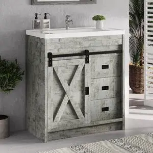 Farmhouse Bathroom Vanity, Vanity with Ceramic Sink, Bathroom Vanity Cabinet with 2 Drawers & Sliding Barn Door, Small Bath Storage Vanity Sink Set, White Grey Farmhouse Bathroom Vanity, Vanity with Ceramic Sink, Bathroom Vanity Cabinet with 2 Drawers & Sliding Barn Door, Small Bath Storage Vanity Sink Set, White Grey