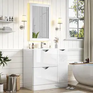 36 Inch Bathroom Vanity with Sink,Mirror,Faucet Set, Modern High Gloss Freestanding Bathroom Storage Vanity Cabinet Set,2 Drawers,Ceramic Storage Cabinet with Sink Combo Set,White 36 Inch Bathroom Vanity with Sink,Mirror,Faucet Set, Modern High Gloss Freestanding Bathroom Storage Vanity Cabinet Set,2 Drawers,Ceramic Storage Cabinet with Sink Combo Set,White