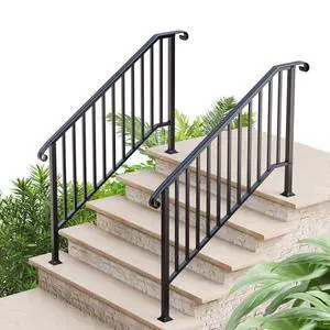 2 Pack 5 Step Handrails for Outdoor Steps, Wrought Iron Stair Railing Fits 4 or 5 Steps, Metal Hand Rail with Installation Kit, Staircase Handrails for Concrete, Porch, Deck, Exterior Steps, Black 2 Pack 5 Step Handrails for Outdoor Steps, Wrought Iron Stair Railing Fits 4 or 5 Steps, Metal Hand Rail with Installation Kit, Staircase Handrails for Concrete, Porch, Deck, Exterior Steps, Black