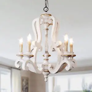 Farmhouse Distressed White Wooden Chandelier, French Country Empire Pendant Lighting Fixture with 5 Candle Lights, Adjustable Chain, for Kitchen, Dining Room, Foyer, Hallway etc Farmhouse Distressed White Wooden Chandelier, French Country Empire Pendant Lighting Fixture with 5 Candle Lights, Adjustable Chain, for Kitchen, Dining Room, Foyer, Hallway etc