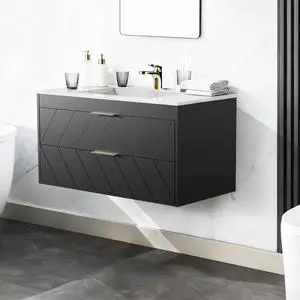 30 Inch Bathroom Vanity with Sink, Modern Floating Bathroom Vanity with Resin Sink, 2 Large Storage Darwers, Wood Grain Texture Wall Mounted Vanity, Gold Handles 30 Inch Bathroom Vanity with Sink, Modern Floating Bathroom Vanity with Resin Sink, 2 Large Storage Darwers, Wood Grain Texture Wall Mounted Vanity, Gold Handles