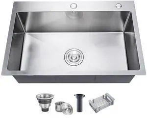 33 Inch Drop In Kitchen Sink, 16 Gauge Stainless Steel Kitchen Sink Single Bowl Sinks with Drain Strainer (33"x19"x9") 33 Inch Drop In Kitchen Sink, 16 Gauge Stainless Steel Kitchen Sink Single Bowl Sinks with Drain Strainer (33"x19"x9")