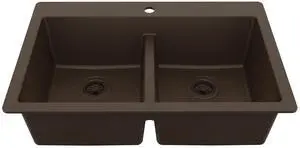 33" Brown Quartz Composite Double Bowl Kitchen Sink Top Mount Drop-In 50/50 Low Divider, 80% Natural Quartz, 535°F Heat Resistant, Sound Dampening, Granite Composite, QT-810 33" Brown Quartz Composite Double Bowl Kitchen Sink Top Mount Drop-In 50/50 Low Divider, 80% Natural Quartz, 535°F Heat Resistant, Sound Dampening, Granite Composite, QT-810