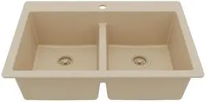 33" Bisque Quartz Composite Double Bowl Kitchen Sink Top Mount Drop-In 50/50 Low Divider, 80% Natural Quartz, 535°F Heat Resistant, Sound Dampening, Granite Composite 33" Bisque Quartz Composite Double Bowl Kitchen Sink Top Mount Drop-In 50/50 Low Divider, 80% Natural Quartz, 535°F Heat Resistant, Sound Dampening, Granite Composite